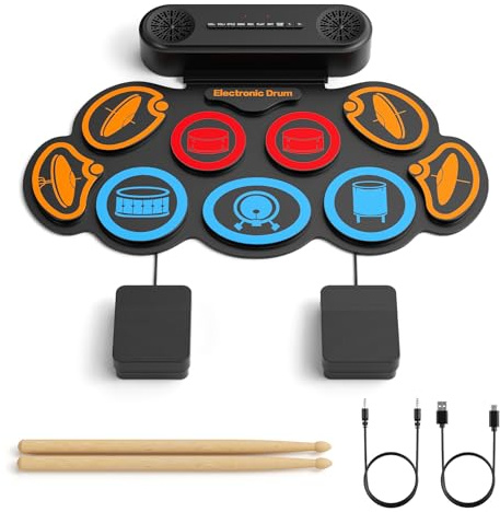 Schlagzeug Elektronisch Kinder, 9-Pad Elektronisches Schlagzeug Set, E-Drum Set mit 2 Pedalen, Dual-Lautsprecher & Sticks, Kopfhörer/Bluetooth/MIDI Unterstützung, Geschenk für Kinder & Anfänger
