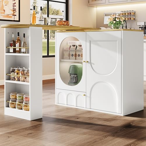 Oslghy Bartisch Ausziehbarer, 360° Drehbarer Stehtisch mit Stauraum Regalen und Glastür, Bistrotisch Esstisch mit Verstellbare Trennwand und für Esszimmer und Küchen, Weiß, 138-204×39×105cm