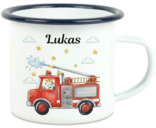 Kiddle-Design Feuerwehr Tasse Kinder Personalisiert mit Name - Kinderbecher Kindergarten, Kita - Kindertasse mit Feuerwehrauto und Feuerwehrmann als Trinkbecher, Zahnputzbecher - Emaille Blau