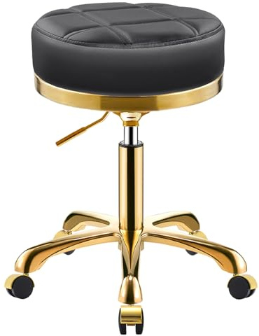 SCGSJZH Rollhocker Gold Hocker mit Rollen, Bürohocker Runden PU Leder Schminkhocker, Drehhocker für Tattoo Salons Spa Stuhl, Höhenverstellbar 45-58cm, Traglast 400l (Schwarz, ohne Rückenlehne)