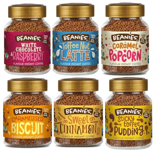 Beanies Flavoured Instant Coffee Sweet Variety Pack – 6 x 50g Jars – Sticky Toffee, Sweet Cinnamon, Caramelised Biscuit, Caramel Popcorn, White Chocolate Raspberry & Toffee Nut