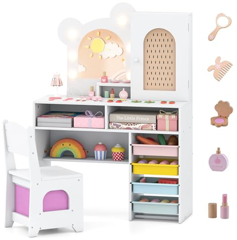 COSTWAY Tocador de Maquillaje Niña, Tocador Niña con Espejo y Luces de 3 Colores, Accesorios, 5 Cajones y 2 Compartimentos, Armario con Puerta,Estante Abierto, Mesa de Maquillaje para Niñas de 3+ Años
