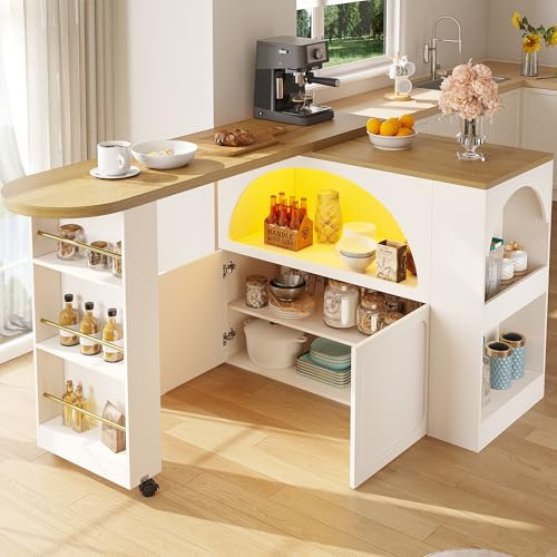 EMKK Ausziehbarer Bartisch, (135-205×39×100cm) Küchenbar mit Stauraum, Kaffeebar Möbel, Kücheninsel, Moderner Beweglicher Bar Table, Gewölbtes Türdesign, für Küche/Kaffeebar/Esszimmer (Weiß)