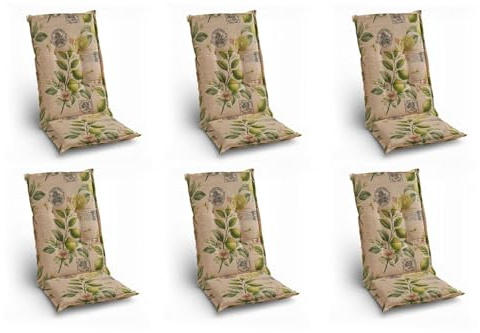 Home4You 6er Set Hochlehner-Stuhlauflagen mit Limettenmotiv – Sitzauflage 118 x 48 x 7 cm – Farben Gelb Grün Beige – Polyester Baumwolle Gewebe – Stehsaum & Gurtband – Gefertigt in Deutschland