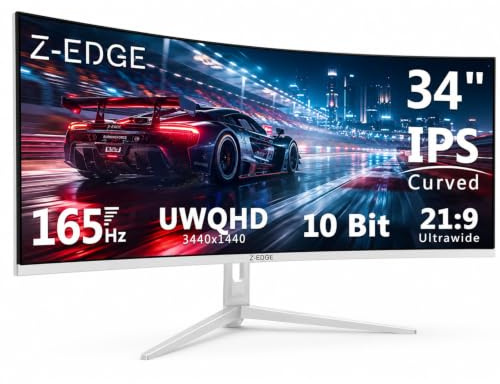 Z-Edge 34 Inch Ultrawide Curved Gaming Monitor 165Hz 3440x1440 1ms DP HDMI | 21:9 IPS UWQHD 1500R, 96% DCI-P3, 1.07B Colors, 10Bit, 120% sRGB, Adaptive Sync, PIP PBP, DP (165Hz) HDMI (100Hz), White