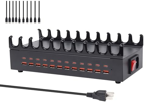 300W Charging Station for Multiple Devices, 24 Ports USB Charging Station, Multi Charger Station with 10 Mixed Cables, 12 USB-C & 12 USB-A Dock for Cell Phones, Tablets, and Other Electronics