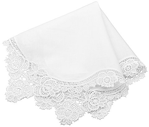 Milesky White Wedding Handkerchief Pure Cotton, Soft Ladies Hanky with Crochet Lace CH02