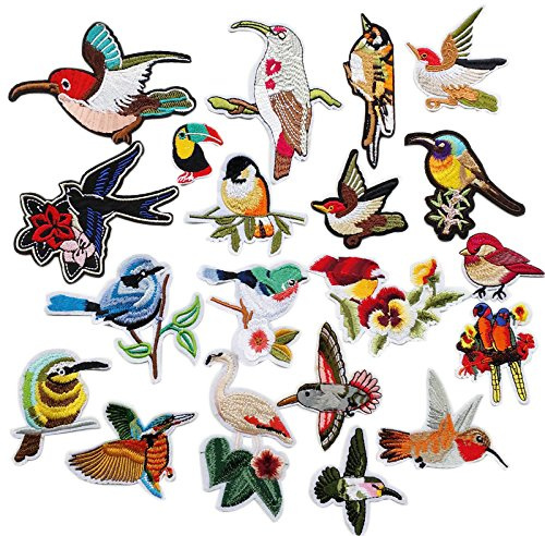 Chenkou Craft 20-ig sortierte Vogel-Bügelbilder zum Aufbügeln oder Aufnähen, gestickt, Zufallsmischung aus Spechten, Kolibris, Schwalben und Papageien