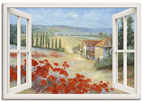 ARTLAND Wanddeko Leinwand Bilder Wandbild Fensterblick Landschaft Toskana Italien Mohnblumen Blumen Natur C8ZS