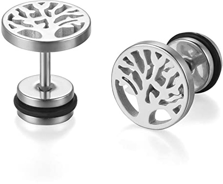 JewelryWe Schmuck Baum des Lebens Ohrstecker, Edelstahl Lebensbaum Runde Kreis Ohrringe für Herren Damen Tunnel Plug Ohrpiercing Barbell Stud Silber/Gold/Schwarz