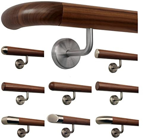 Corrimano pronto per il montaggio in legno di noce americano laccato, Ø 42 mm, con supporto angolare in acciaio INOX ed estremità lavorate, personalizzabile
