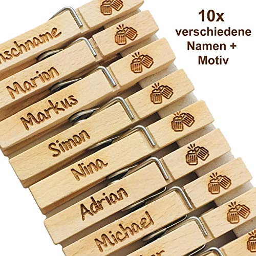 10er Set Glubbal mit Gravur – Wäscheklammern aus Holz mit verschiedenen Namen & gleichem Motiv – Volksfest, Hochzeit, Firmenfeier – gravierte Glupperl aus Buchenholz