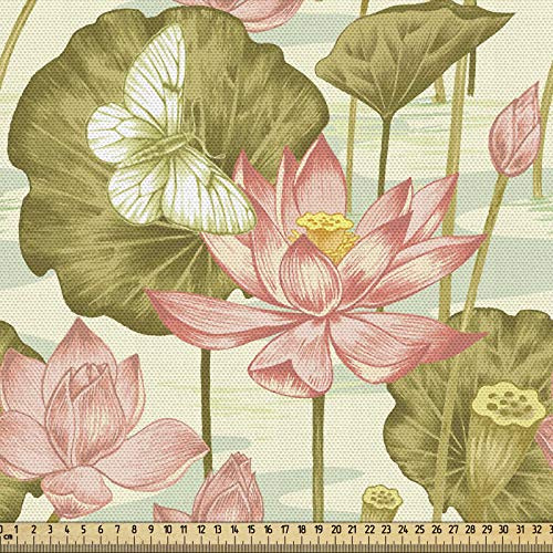 ABAKUHAUS asiatisch Gewebe als Meterware, Exotischer Laub-Schmetterling, Schön Gewebten Stoff für Polster und Wohnaccessoires, 1M (148x100cm),Hellgrün und Puder Rosa