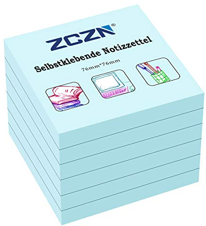 ZCZN Klibblappar lappar självhäftande lappar lappar 6 block, 80 ark, 76 x 76 mm, ljusblå