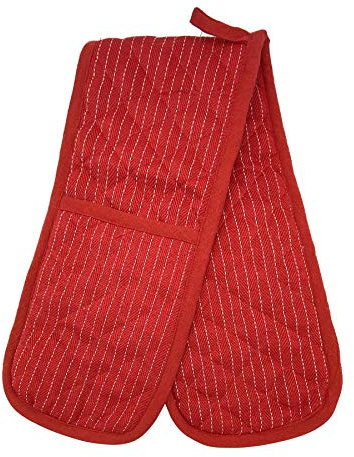 Gr8 Home Butcher Stripe Heat Resistant Thick Padded Double Oven Gloves Quilted Pinstripe Plain Kitchen BBQ Baking Mitts[Red Stripe Double]