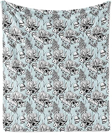 Ambesonne Shabby Flora Throw Blanket, Vintage Monochrome Pond Water Flowers Lily Carp Snail Twigs Art, Flannel Fleece Accent Piece Soft Couch Cover for Adults, 50 x 60, Pale Blue White Black