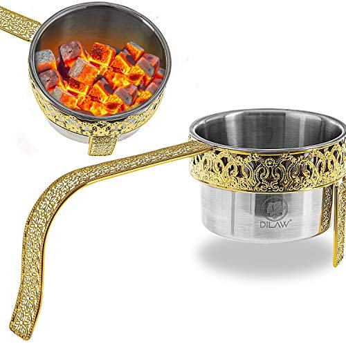 DILAW® Shisha Kohlekorb Oriental Flach Edelstahl Kohlebehälter für Shisha Kohle & Grill Kohle Char-Basket Holzkohlekörbe mit Sicherheitsgriff Hookah Zubehör, Farbe:Gold
