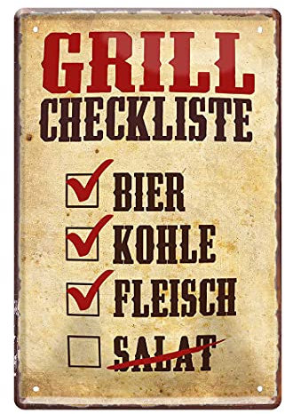 Grill Checkliste - Vintage Retro Blechschild - lustiges Metallschild mit witzigen Spruch - Dekoration Grillplatz Terrasse Garten Partykeller - Grillen BBQ Deko - Geschenk Hobby Grill Chefs - 20x30cm