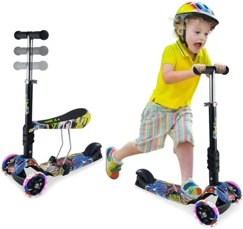 Kinder Roller|Tretroller Kinder mit Abnehmbarem Sitz | Höhenverstellbarer Kinderroller mit Leuchträdern Kinderscooter für Jungen und Mädchen (Graffiti)