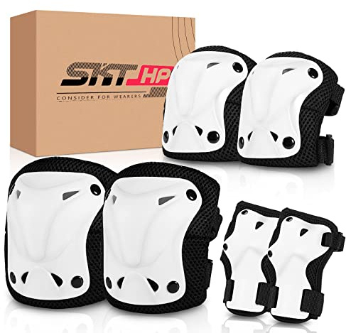 SKT HP Protective Gear for Adults, Knee Pads Elbow Pads Wrist Guards for Inline Skating Biking Skateboarding (White)
