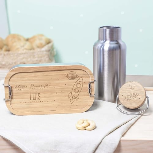 hellomini Lunchbox & Trinkflasche Bambus personalisiert | Geschenk zur Einschulung für Kinder | Isolierflasche Edelstahl & Brotdose mit Namen (Rakete)