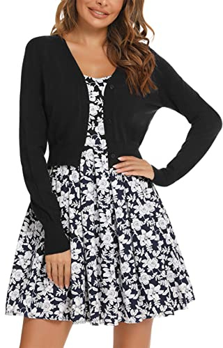 Yukiuiny Women's Elegant Knit Cardigan Cropped Long Sleeve Shrugs for Spring Summer Autumn, Coat Mini Jacket Bolero for Weddings Party-Black/XXL