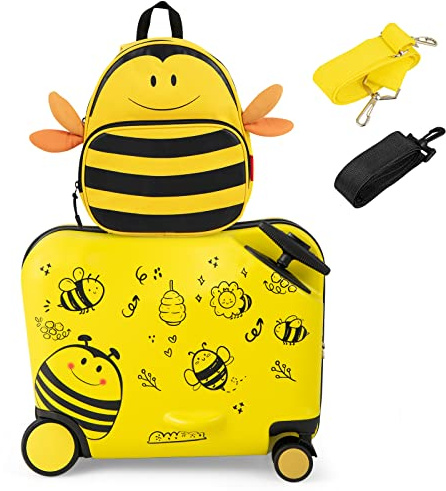 GOPLUS Kinderkoffer mit Rucksack, Kids Trolley, Kindergepäck mit Rollen, Reisekoffer mit Teleskopgriff, Hartschalenkoffer für Kinder, Kindertrolley Farbwahl (Honigbiene, 12+18)