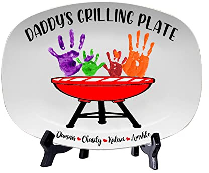 Condlin Personalized Daddy's Grilling Platter with Kids Names Kid Art DIY Handprint Serving Plate Family BBQ Plate Father's Day Home Display Plate for Dad Grandpa Him