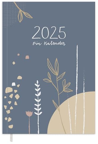 Terminkalender A5 - Kalender 2025, Wochenplaner und Notizbuch für mehr Achtsamkeit, Taschenkalender & Terminplaner, Softcover, Blau Creme mit Weiß Rosa Blumen, klimaneutral auf FSC Papier