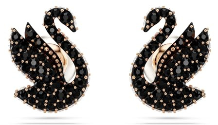 Swarovski Clous d'oreilles Swan, Perle de cristal, Cygne, Noires, Placage de ton or rosé