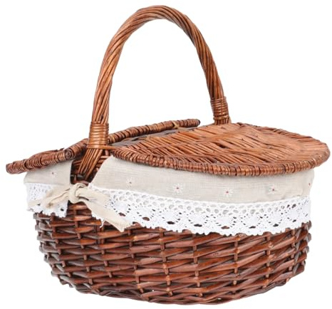 BESPORTBLE Picknickkorb Aufbewahrungskorb mit Deckel Tragbarer Obstkorb Handgefertigter Rattan Korb Dekorativer Henkelkorb für Draußen Hochzeiten Bankette Wohnzimmer 35X25X17Cm Braunes Leinen