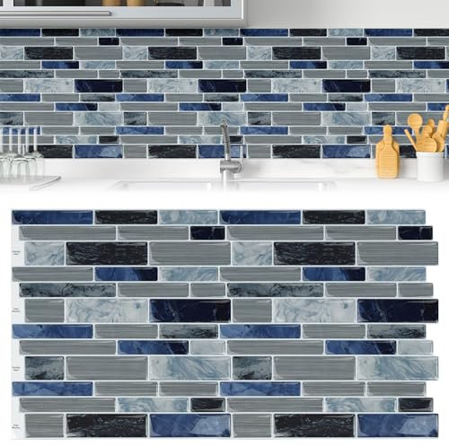 LILIIN 10 Stück Fliesenaufkleber für Küche Bad, PVC 3D Klebefliesen Startseite Dekore, Schälen und Kleben, Wandfliesen Dekor 30 x 30cm, Blau