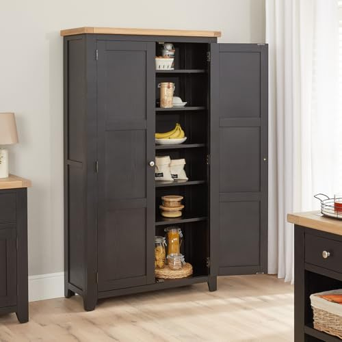 Cheshire Black Painted Oak Double Shaker Kitchen Pantry Cupboard, Solid Oak Frame, Matt Black Finish, Brushed Steel & Oak Knob Handles, Versatile Storage Solution - H 1800 x W 1020 x D 410mm