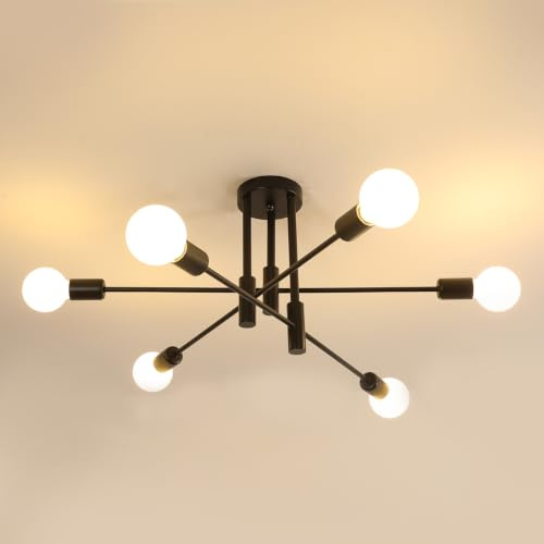 Goeco Vintage Deckenleuchte 6 Flammig E27 Fassung Kronleuchter, Schwarz | 70CM Retro Sputnik Deckenlampe für Esszimmer, Esstisch, Flur, Wohnzimmer, Hotel, Café (Ohne Leuchtmittel)
