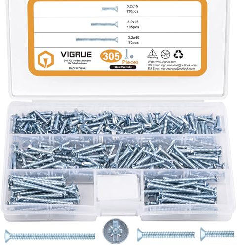 VIGRUE 305 PCS Geräteschrauben für Schalterdosen, Schrauben Dosenschrauben Senkschrauben mit PZ1/Schlitz Ø3,2x15mm, 3,2x25mm, 3,2x40mm, Steckdosen Schrauben aus Stahl Verzinkt