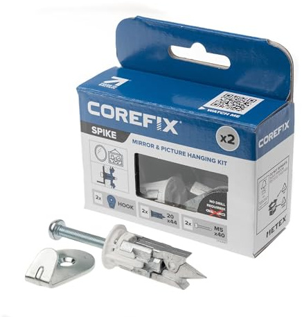 Corefix Spike Mirror/Picture Hanging Kit Pack of 2 - Heavy Duty Plasterboard Fixings with Hooks for Hanging Mirrors Pictures or Canvas. Easy to Install with NO Drill Required.