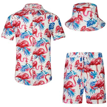SPKPKEY Conjunto de camisa y pantalones cortos hawaianos para hombre, 2 piezas, camisas casuales con botones, trajes de playa de verano con sombreros de pescador, L