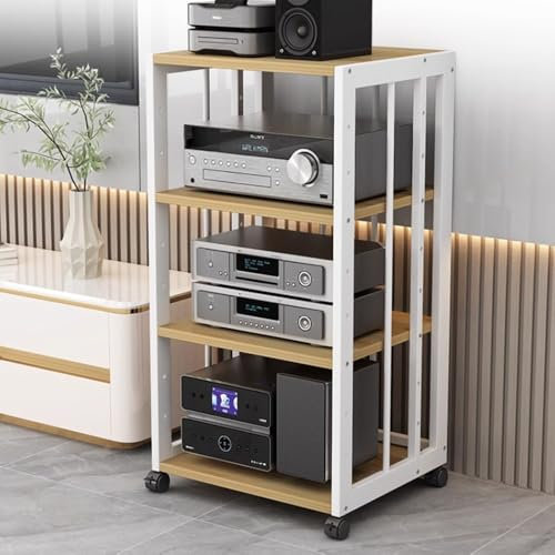 ZIUSFAC Audio Meuble Rack HiFi Appareils DAC Armoire De Composants Support AV Media Meuble Chaine 2/3/4/5 Couches Tour De Support Audio avec Étagères Réglable - Blanc(White+Walnut,4 Tier)
