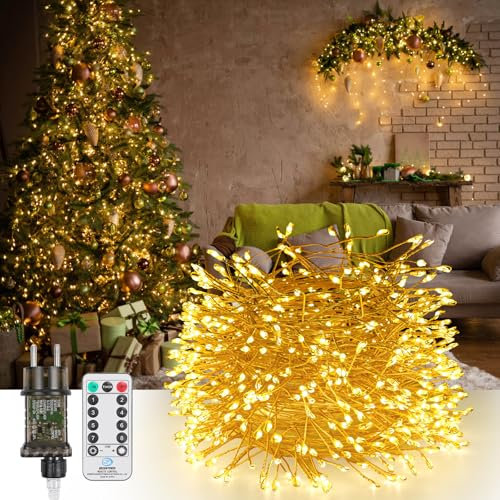 GuKKK Guirnalda Luces LED, 10M 600 LED Cadena de Luces Interior y Exterior, Luces de Alambre de Cobre de Hadas Impermeables Blanco Cálido 8 Modos, para Navidad Boda Jardines Festivales Pared
