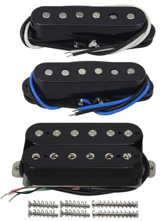 FLEOR Alnico 5 HSS Set Staggered Single-Coil+Humbucker Pickup fit ST Electric Guitar,Guitar Part Neck+Middle+Bridge Pickup（14-15K）Black