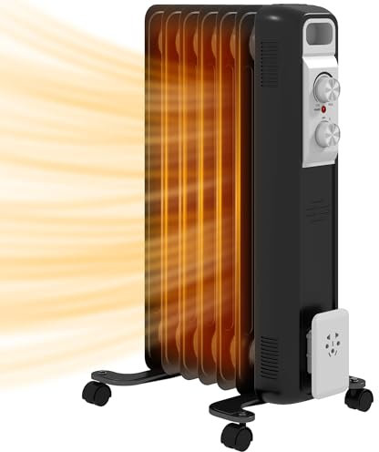 HOMCOM 1500W Quiet Oil Filled Radiator, 7 Fin Energy Efficient Portable Electric Heater with 3 Heat Settings, Adjustable Temperate, Safety Tip Over, Overheat Protection, Wheels, for Home, Black