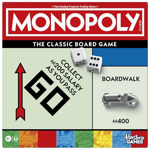 Monopoly Board Game | Classic Game with Storage Tray and Larger Tokens | Ages 8+ | 2 to 6 Players | Family Games for Kids and Adults | Kids Gifts