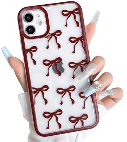 NITITOP Compatible with iPhone 12 Mini Case Cute Clear Burgundy Big Bow Design Ribbon Bowknot Pattern for Girls Women Soft TPU Transparent Full Camera Lens Shockproof Protective Cover - Wine Red