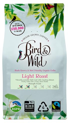 Light Roast Fairtrade Organic Ground Coffee 200g - Shade Grown Bird Friendly Coffee - For French Press Cafetiere Filter Drip V60 - Bird And Wild - Donation to RSPB - Strength 3