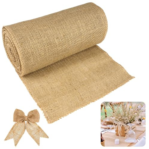 20 cm x 6 m Camino de Mesa Yute,Tela Arpillera,Tela de Yute Rollo Arpillera por Metros, Recortable para Bodas, Fiestas Decoración de Mesa Estilo Campestre, Natural, Verde y Ecológico, Festival