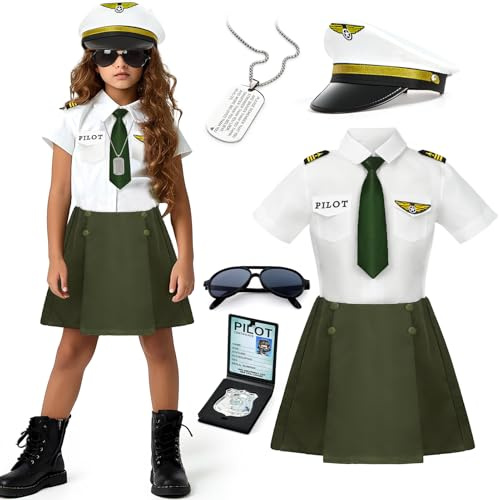 Tacobear Costume Pilota Bambina Vestito da Aviatore con Cappello da Pilota Occhiali da Sole Collana Uniforme da Capitano d'aereo Costume per Halloween Carnevale Cosplay (110, 3-4 Anni)