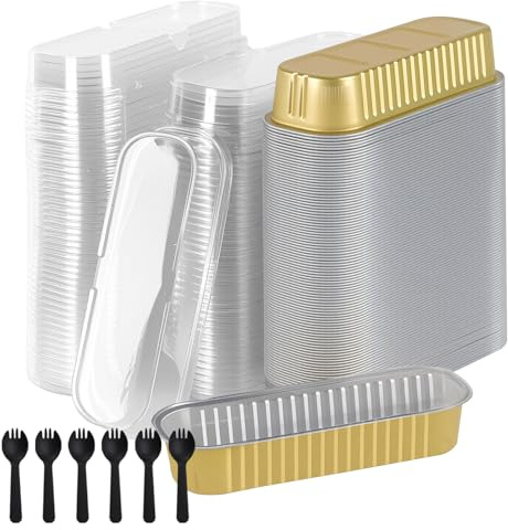 MUKSUET 100PCS Mini Loaf Cake Cases with Lids and Spoons, 6.8oz/200ml Rectangular Small Loaf Pans, Mini Cake Tins for Wedding, Birthday, Picnic, Baking Muffin Bread Cake (Gold)