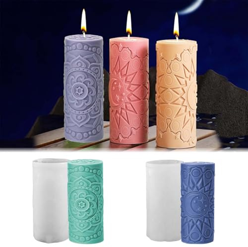 TREABEAR 2 moldes de silicona para fundición columna, cera de vela para fundir con luna y estrellas, formas cilíndricas para velas, diseño floral, moldes de silicona para la fabricación de velas
