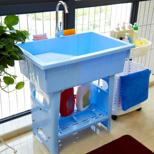 Pila Lavadero, Fregadero Exterior Jardin, Fregadero de Plástico con Tabla de Lavar, Grifo Giratorio de 360° y Estante de Almacenamiento, para Garaje(Blue)