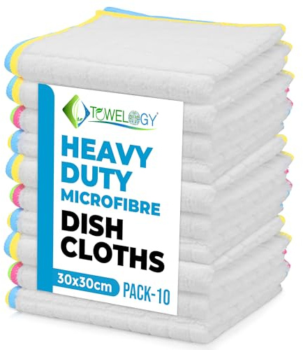 Towelogy 10 Pack Microfibre Dish Cloths – Antibacterial Washing Up Cloths for Dishes & Kitchen Cleaning, 30x30cm (10, White)